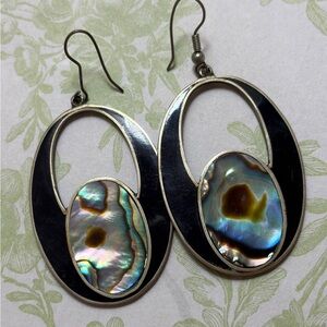 Artisan Abalone Shell & Black Inlay Oval Statement Earrings - Silver Tone